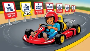 A helpful guide featuring 8 tips for driving a go-kart for the first time, including safety advice, basic driving techniques, and important things to remember for a smooth experience.