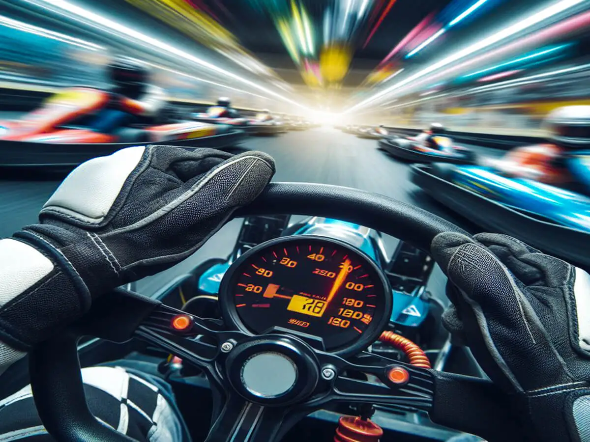 Dynamic image capturing the speed and intensity of indoor go-karting, complementing the article titled 'How Fast Do Indoor Go Karts Go?'