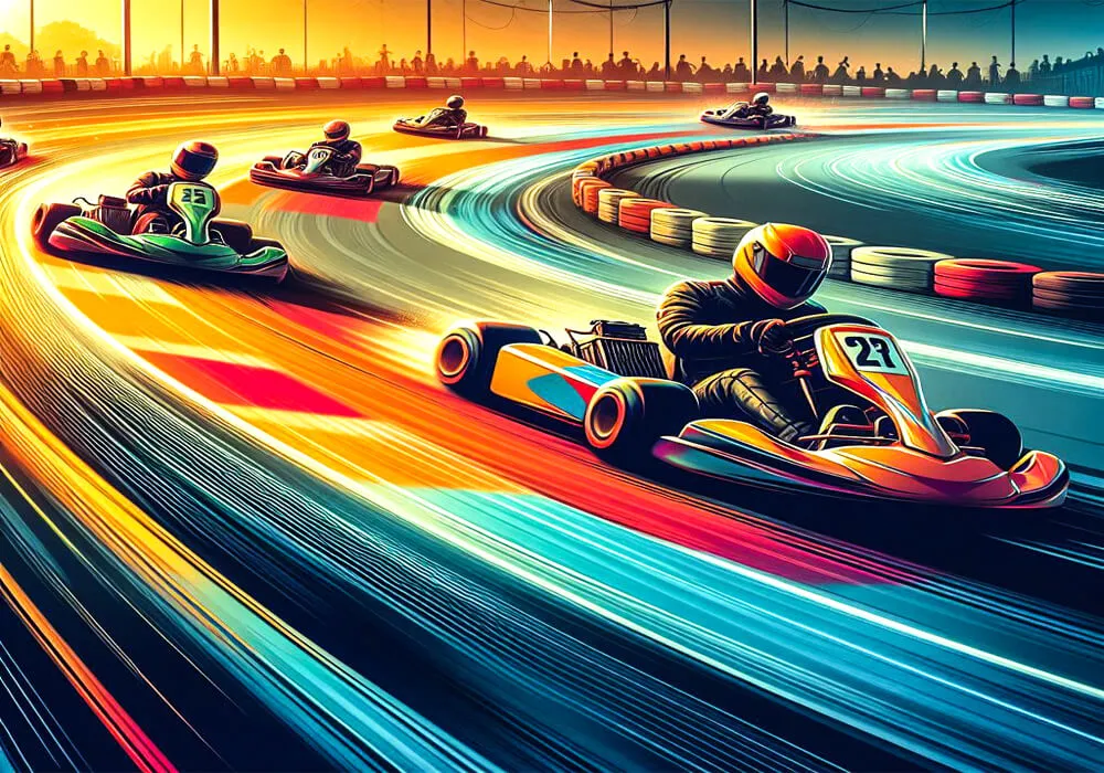 A dynamic scene at a go-kart racing track with drivers navigating sharp turns and speeding down straightaways. Racing helmets and colorful go-karts add excitement to the atmosphere, illustrating the thrill and intensity of go-kart racing. The track is surrounded by spectators, creating a vibrant and competitive environment. Helpful tips for successful go-kart racing are presented in the foreground, providing valuable insights for both beginners and seasoned racers.