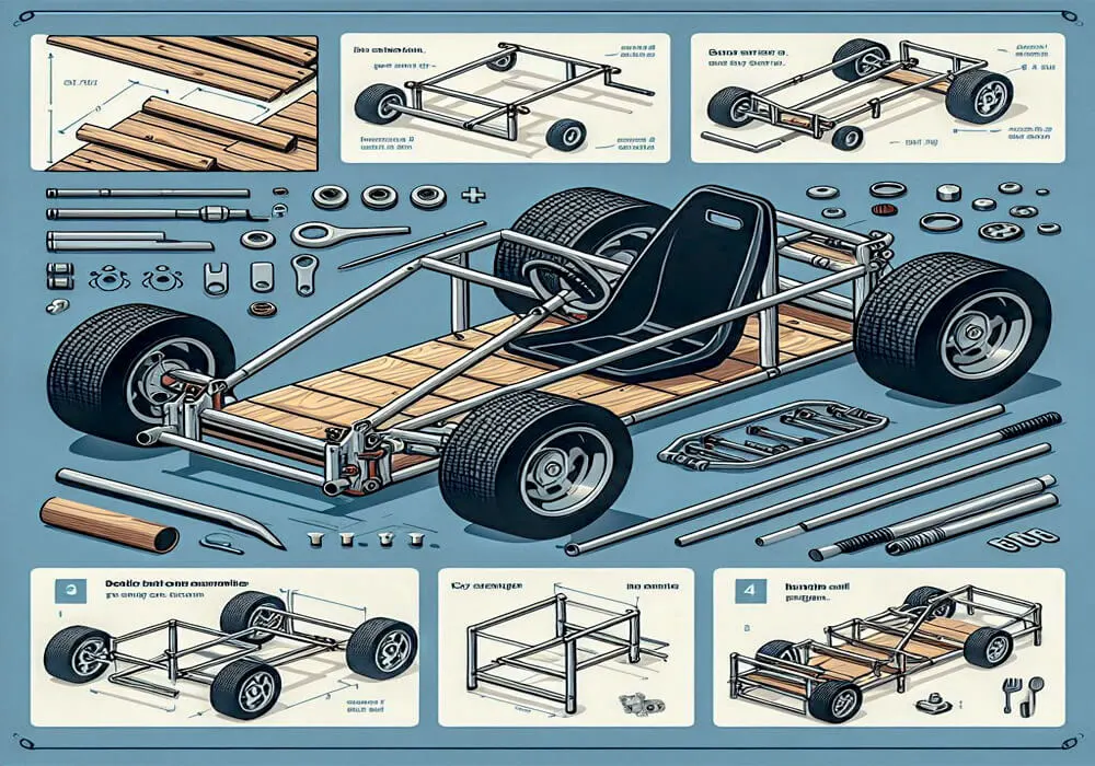"Step-by-step guide on crafting a go-kart, illustrating key stages and materials in the process.