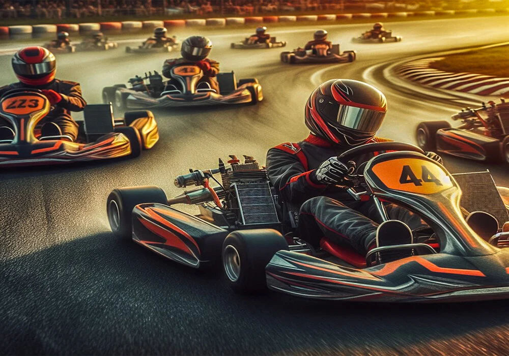 Captivating image questioning the status of go-kart racing as a sport, featuring the intensity and dynamics of the activity.