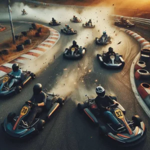 A group of people enjoying go-karting on a vibrant track, with colorful helmets and racing gear. The track winds through a dynamic landscape with cheering spectators in the background, capturing the thrill and excitement of the sport.