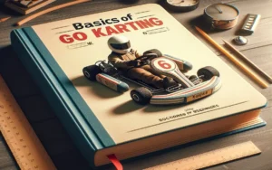 Image titled 'Basics of go karting for Beginners'. A person wearing a helmet driving a go-kart on a track. The image illustrates key concepts for beginners in go-karting, including kart components and cornering techniques