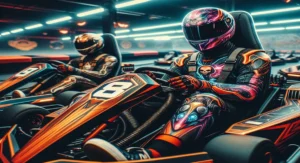 Group of people racing indoor go-karts on a track, blurred motion conveying speed and excitement.