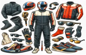A group of people dressed in comfortable and sporty attire, wearing helmets, gloves, and closed-toe shoes, preparing to go karting at an indoor track.

