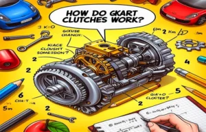 Illustration showing the inner workings of a go-kart clutch mechanism, with labeled components demonstrating engagement and disengagement processes.