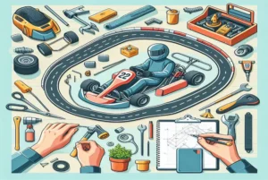 A detailed step-by-step guide showcasing the construction process of a go-kart track, with workers laying down asphalt and shaping the track's curves, surrounded by lush greenery and under a clear sky.
