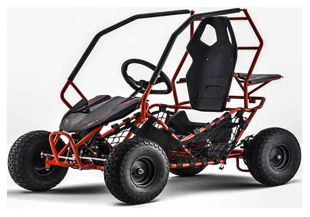 A red MotoTec Maverick Go Kart, a sleek and powerful recreational vehicle designed for outdoor adventures and recreational racing.