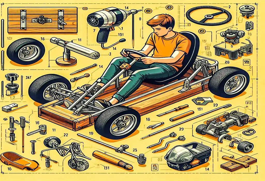 Step-by-step guide on 'How to Build a Pedal Go Kart,' featuring an image capturing the various stages of construction, tools, and materials involved in the DIY project.